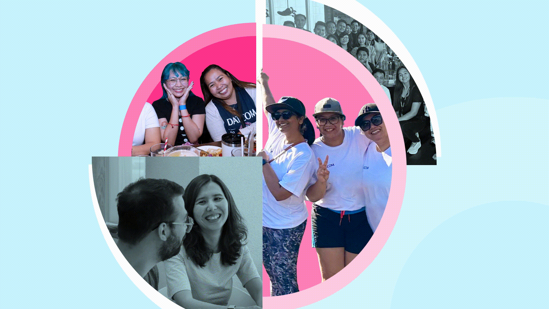 A collection of Datacom people and colourful shapes