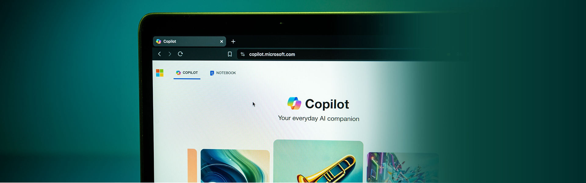 Laptop screen with Copilot window open, green background to the left and green gradient overlay fading over the screen to the right