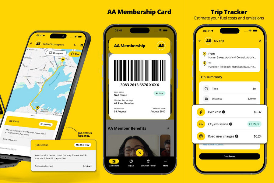 Screen mockups of the AA membership mobile app