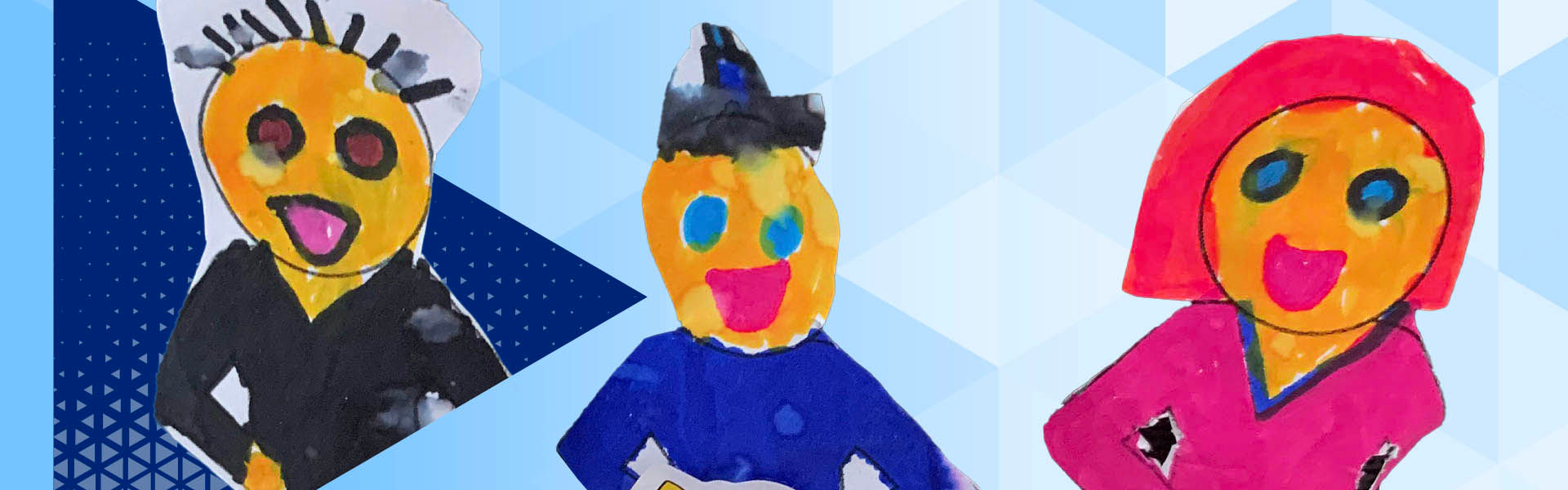 A child's drawing of two men and a woman
