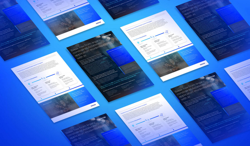 AI Application Modernisation Navigator brochure pages displayed in a flat lay style