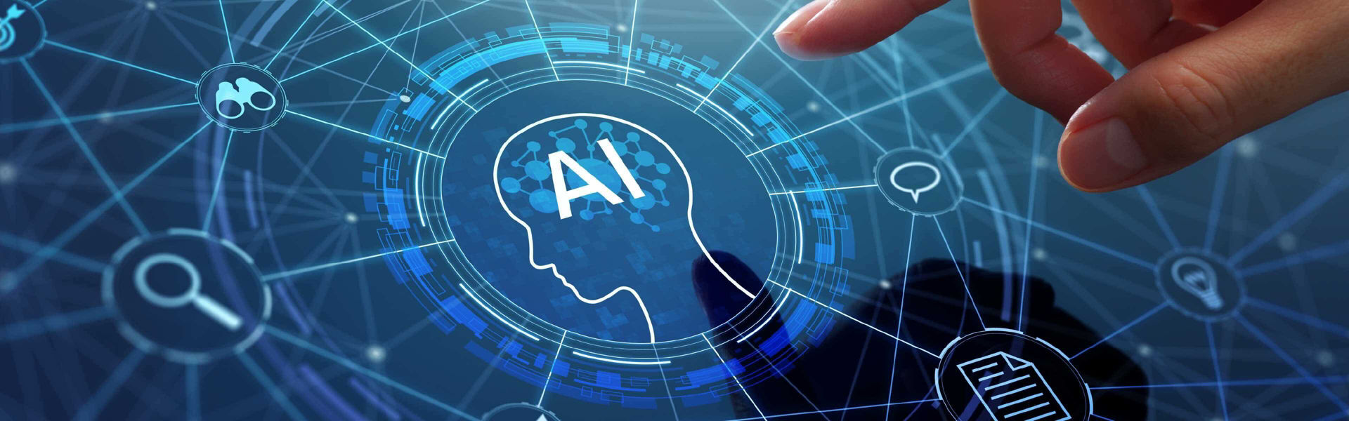 A digital illustration depicting a human hand interacting with a futuristic AI interface centered around a human head silhouette labeled "AI" surrounded by technology-themed icons.
