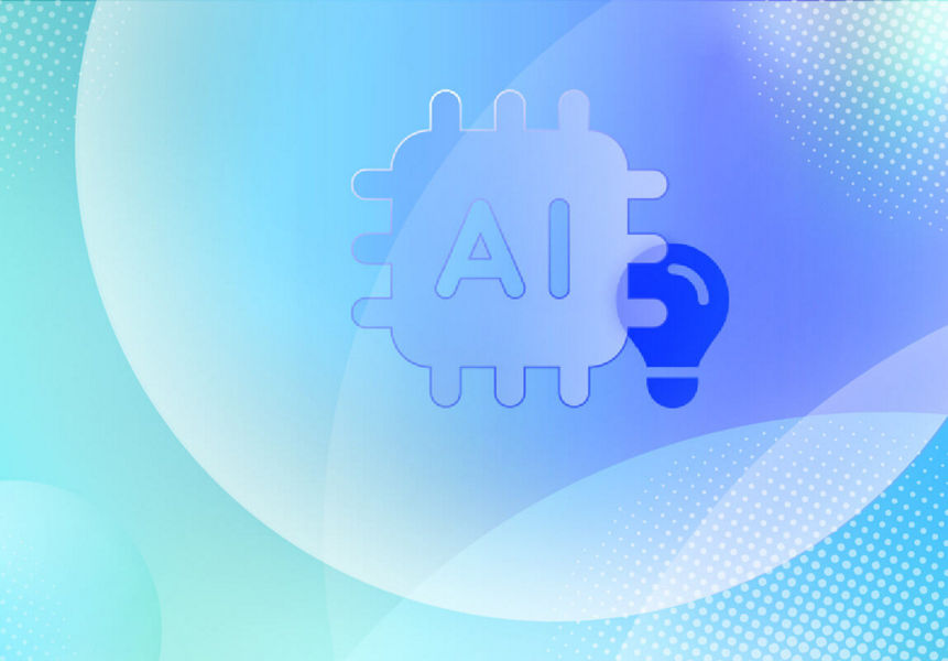An AI microchip alongside a lightbulb with a light blue abstract pattern overlay.