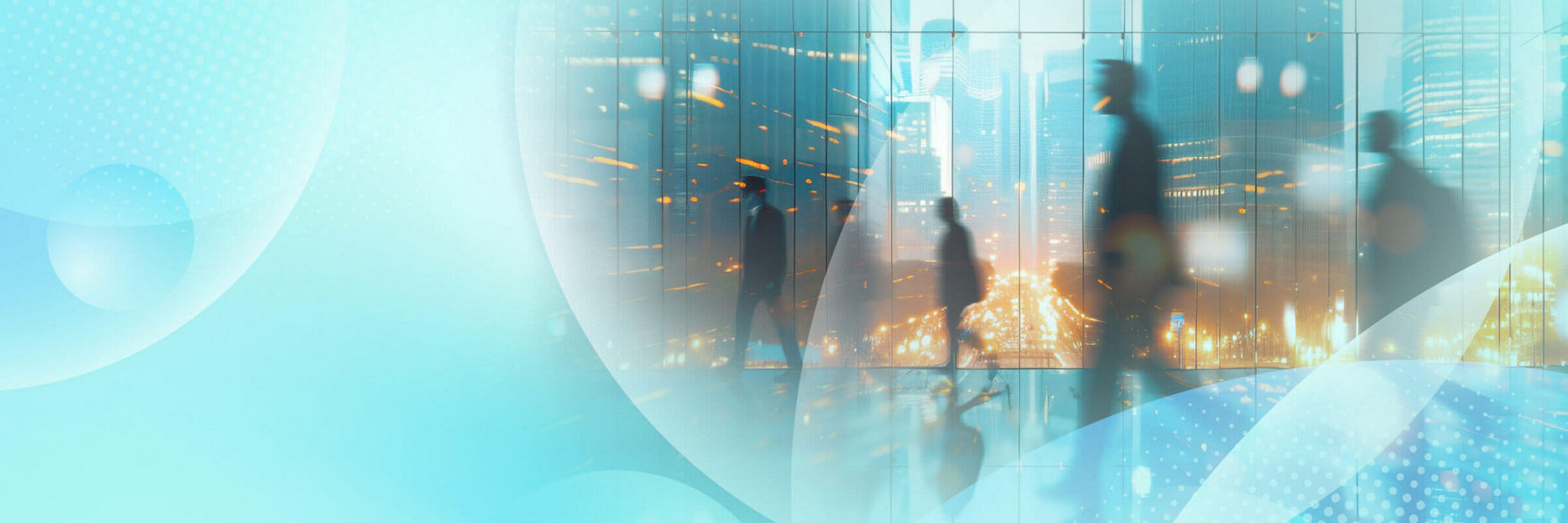 People walking in an AI in a bright cityscape. Overlaid with an abstract light blue pattern.
