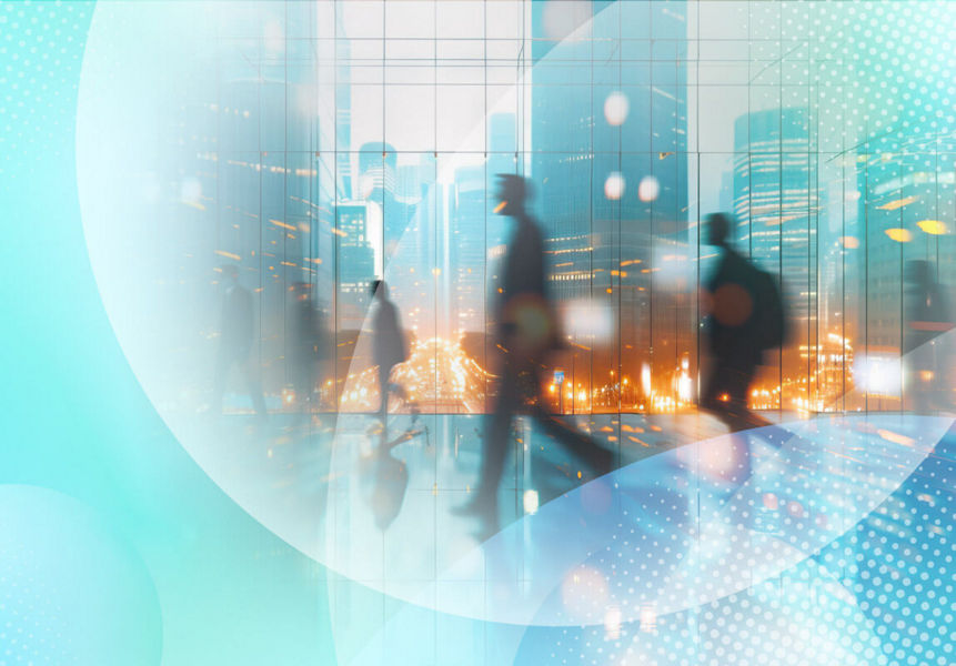 People walking in an AI in a bright cityscape. Overlaid with an abstract light blue pattern.