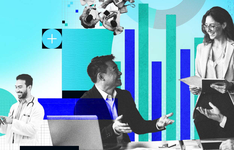 Collage-style image of professionals from different fields using AI, with abstract charts and graphics in the background.