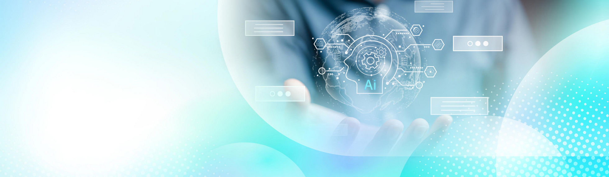 Hand holding a digital AI interface with a globe, gear icons and connected technology symbols.