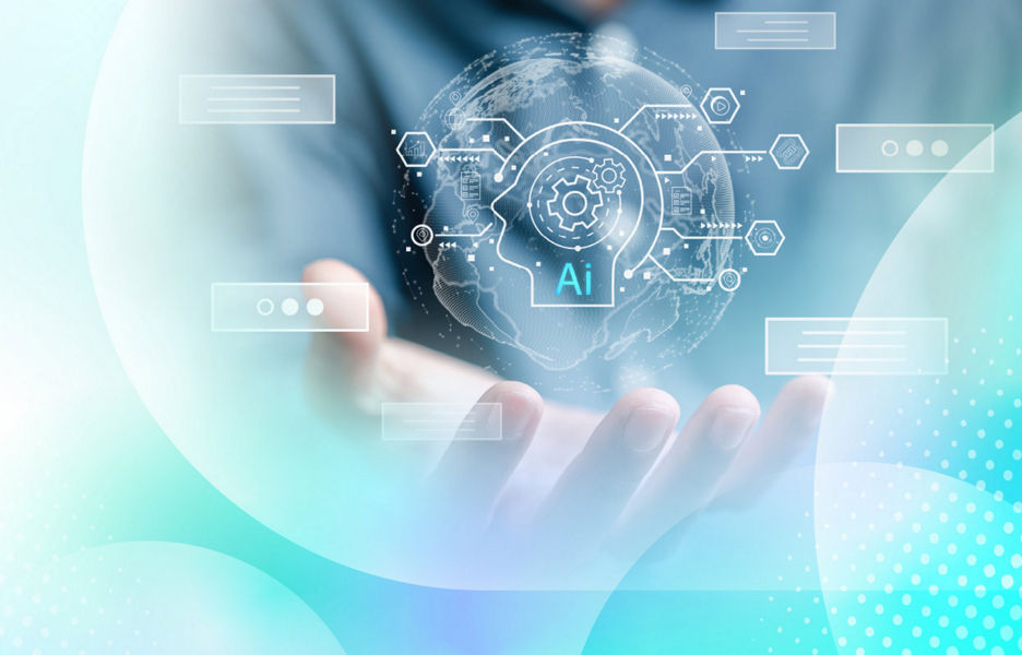 Hand holding a digital AI interface with a globe, gear icons and connected technology symbols.