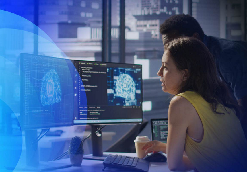 Two software engineers testing AI applications in front of multiple screens