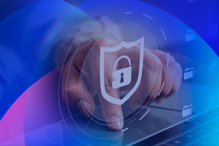 Finger on trackpad with cybersecurity lock imagery overlay.
