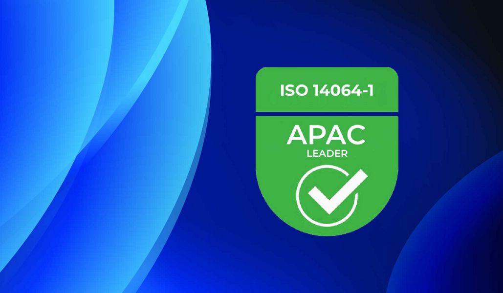 A green ISO 14064-1 certification badge
