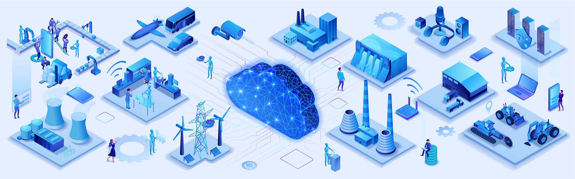 Illustration in dark and light blue colours showing how cloud technology connects different industries including power, agriculture, education and entertainment 