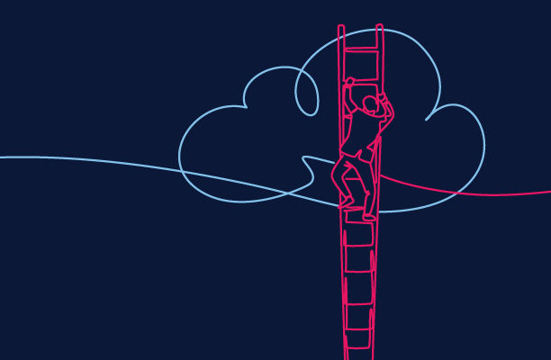 A drawing of a person climbing the ladder to the cloud