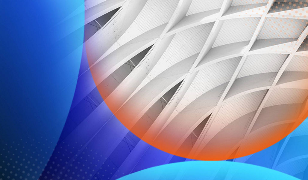 Ceiling with a detailed white wooden structure with an orange and blue lens overlay