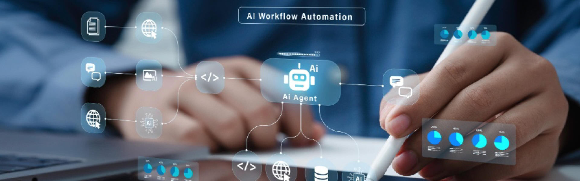 AI workflow automation concept of a businessman using AI agent on tablet.