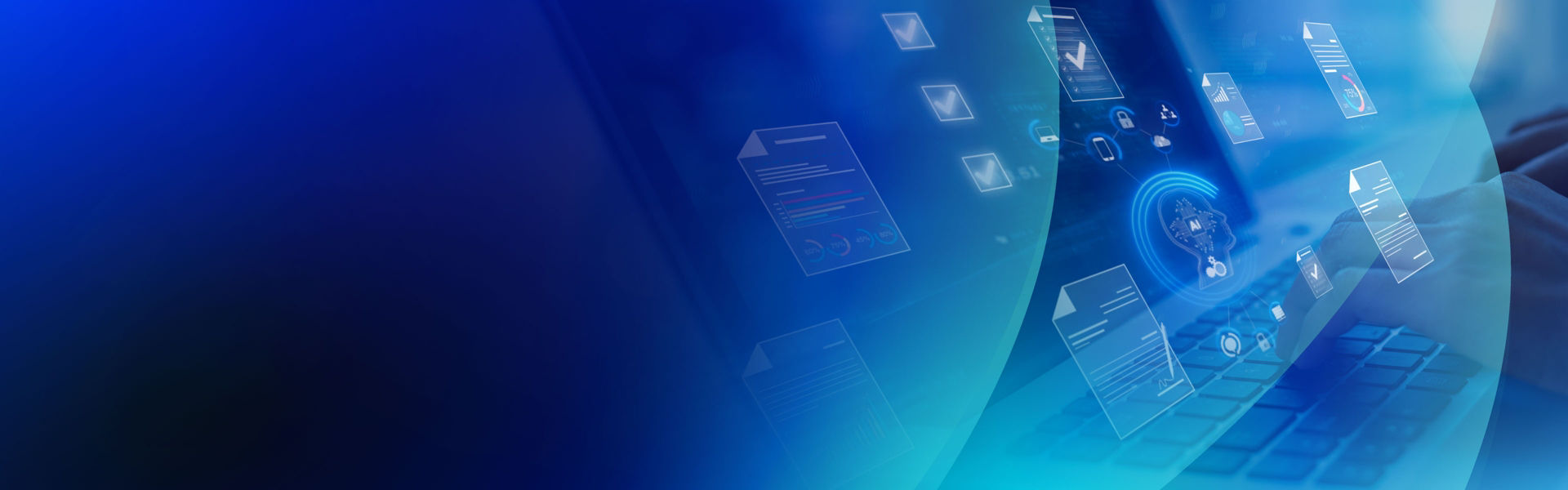 Blue lens overlay with a close up of person typing on their laptop keyboard