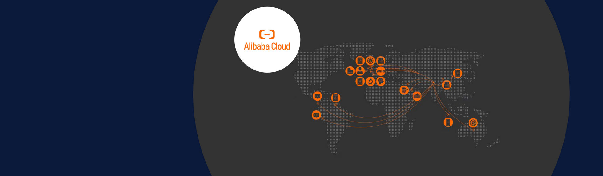 A world map with orange cloud related icons