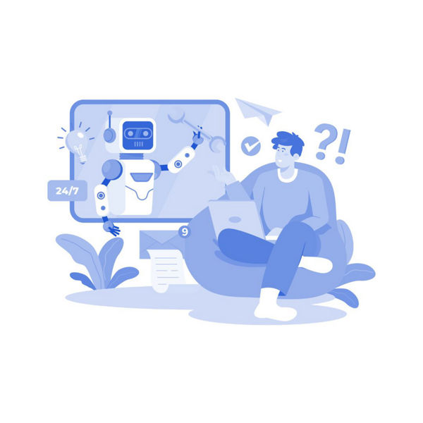 Illustration of man in chair with robot on screen in background