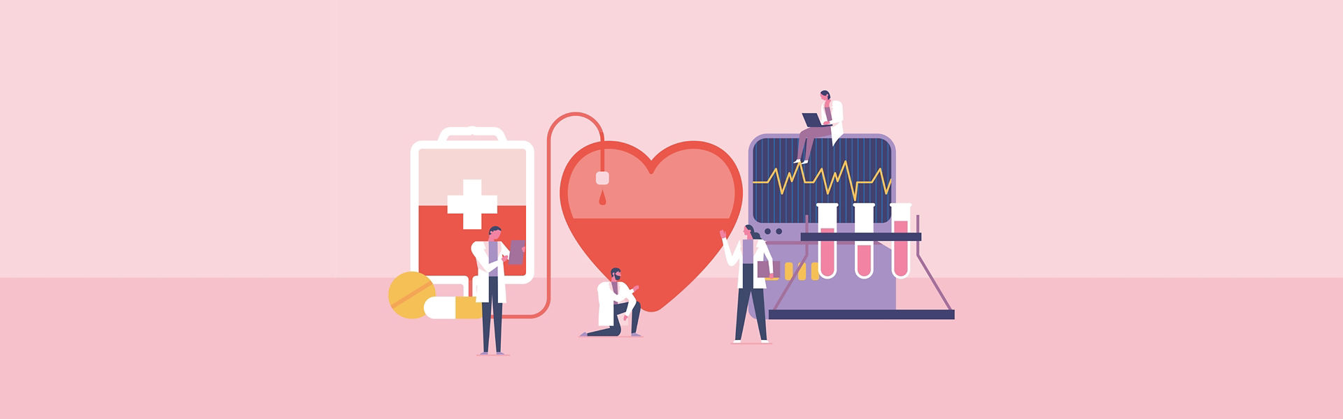 Vector illustration of characters depicting medical professionals in front of depictions of different blood and healthcare related tools, organs and processes