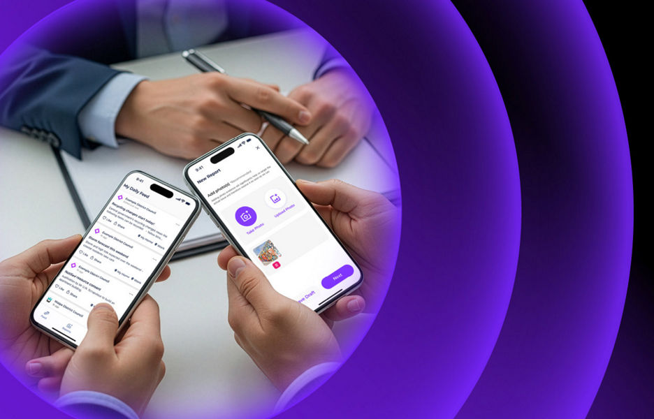 Two set of hands hold mobile phones displaying the Antenno app