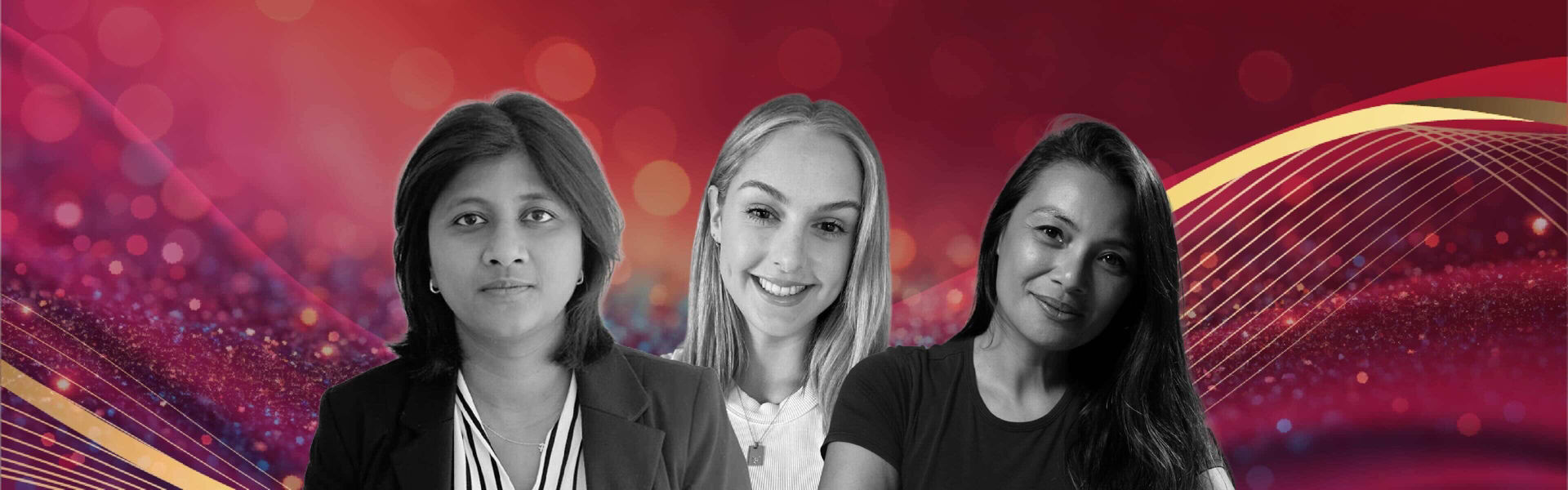 Banner image featuring three professional headshots against a red abstract background.