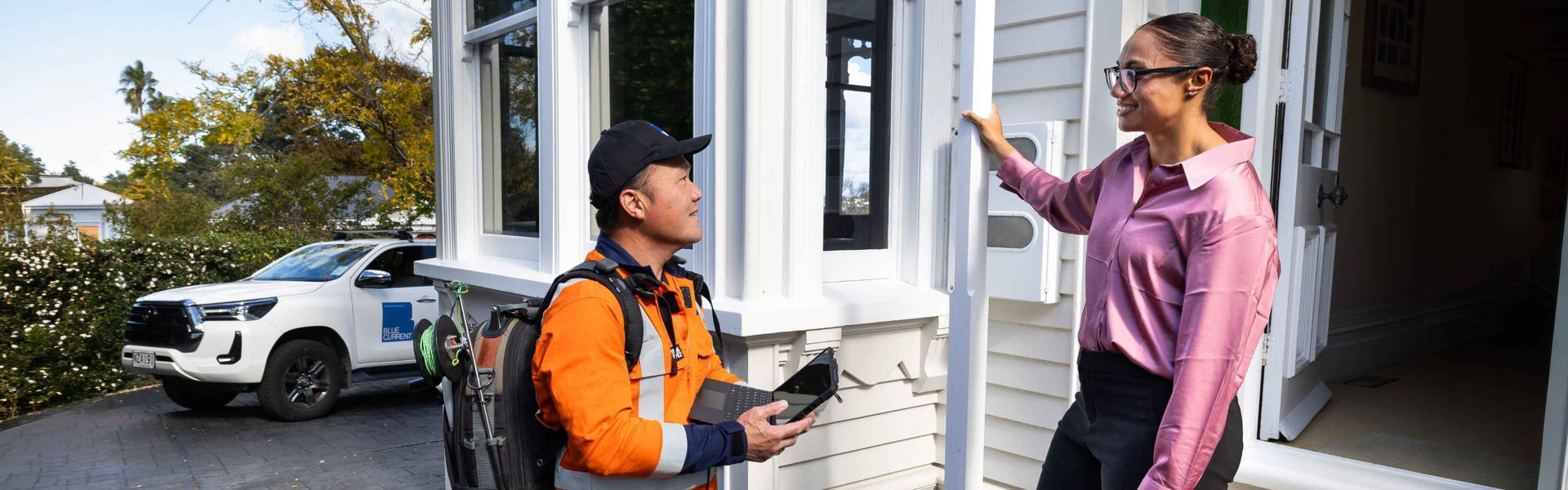 A Bluecurrent worker checking the metering at a client property. Bluecurrent is a leading provider of innovative smart metering services and solutions in New Zealand and Australia.
