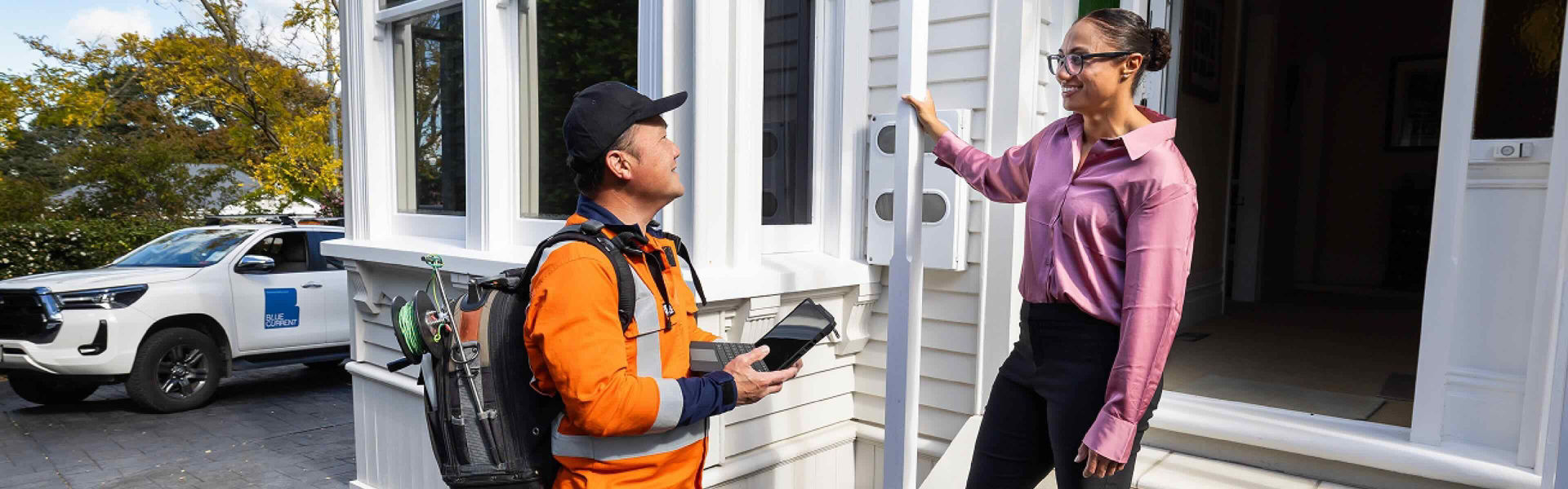 A Bluecurrent worker checking the metering at a client property. Bluecurrent is a leading provider of innovative smart metering services and solutions in New Zealand and Australia.