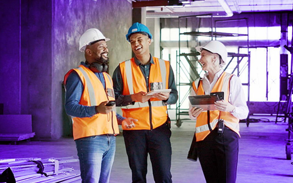 A group of people discussing consent documents on a building site