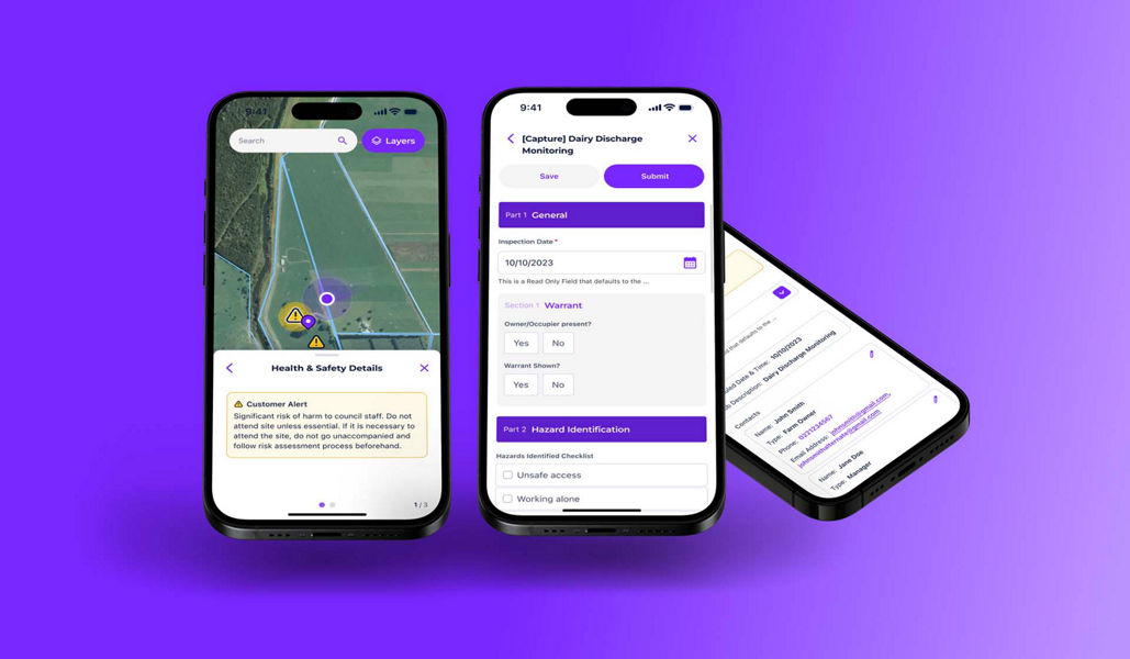 Screen mockups of the Datascape Fieldwork mobile app for building consents