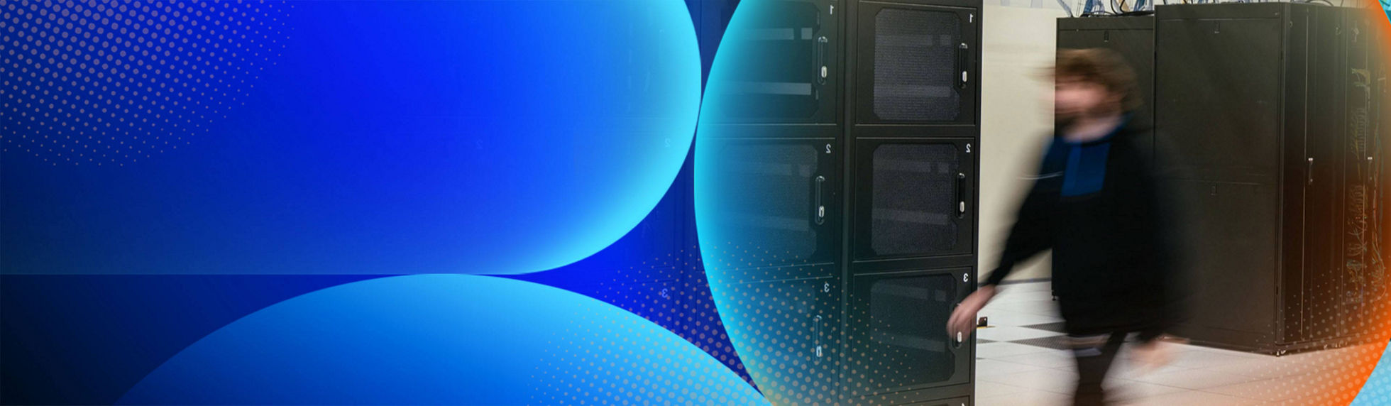 A man walking in a data centre with servers in the background with an orange and blue lens overlay