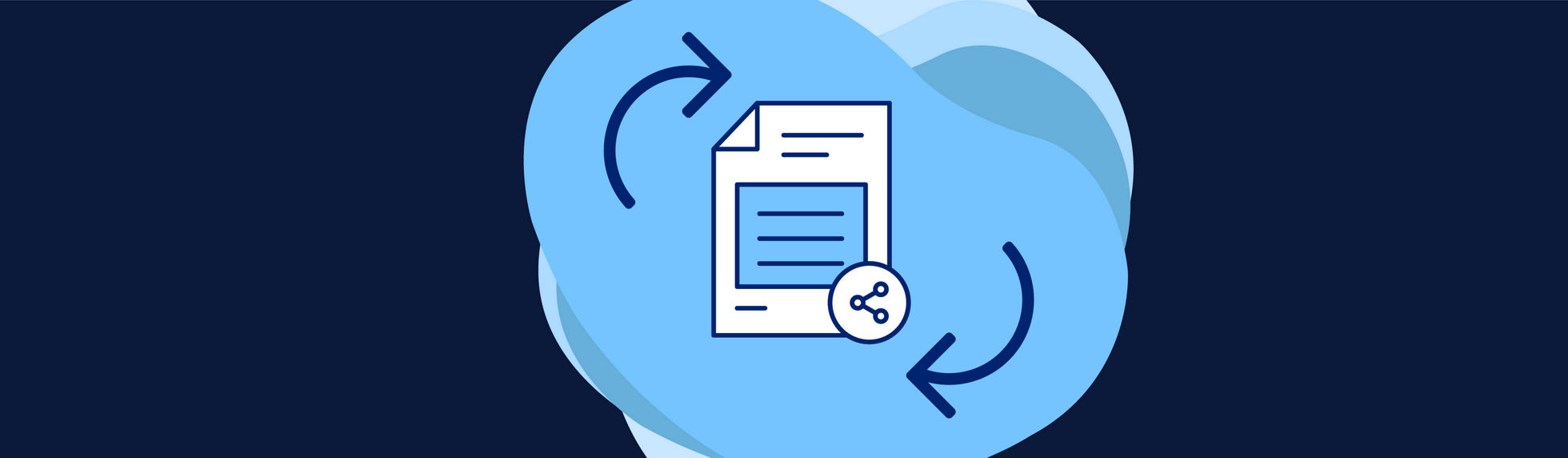 A light blue circle with data document icon inside and sync arrows