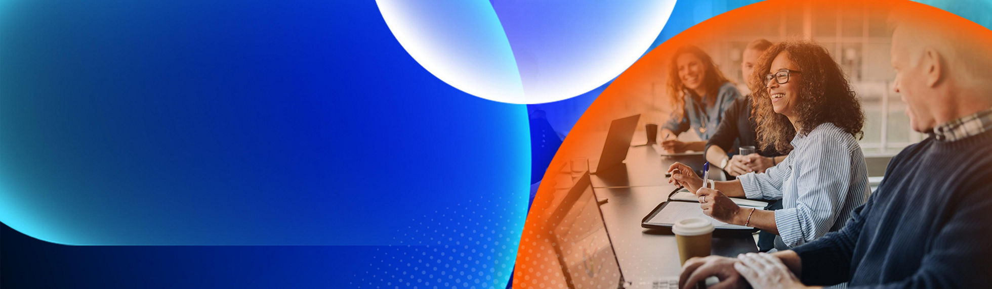 A group of people in an office meeting talking and typing on their laptops with an orange and blue lens overlay