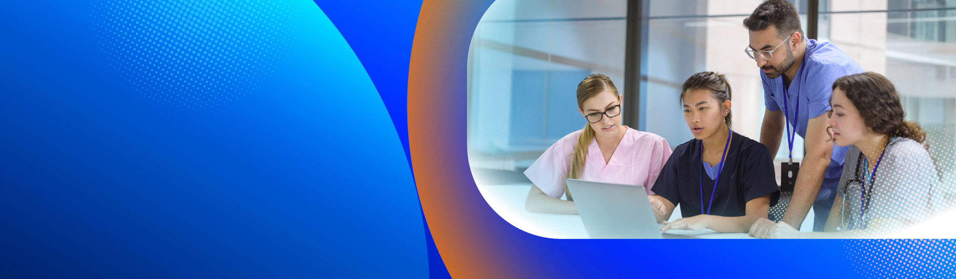 Healthcare professionals collaborating around a laptop in a modern clinical setting, with a blue abstract graphic background