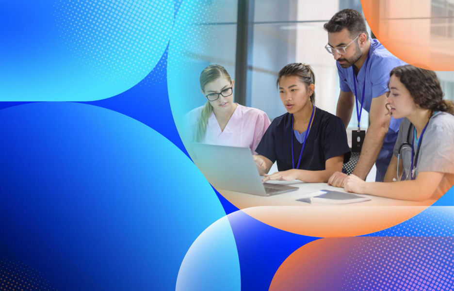 Healthcare professionals collaborating around a laptop in a modern clinical setting, with a blue abstract graphic background