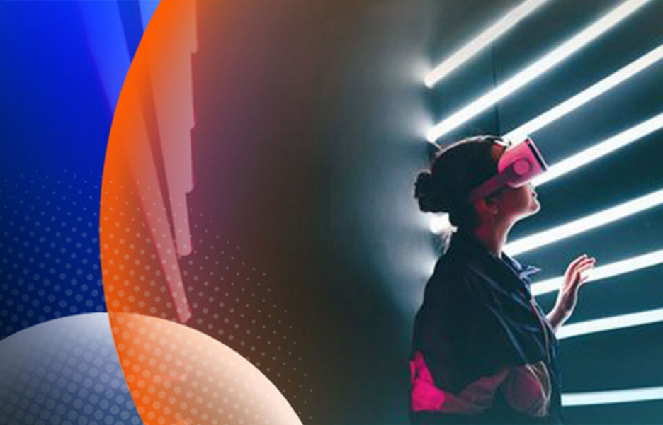 A woman using VR googles while facing a wall with white beaming lines projected onto it and a red light effect with an orange and blue lens overlay