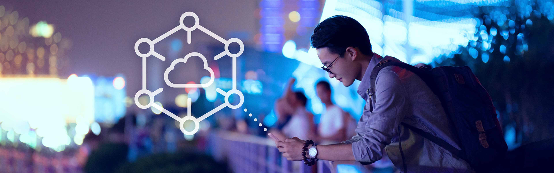 Man using cloud technology in public
