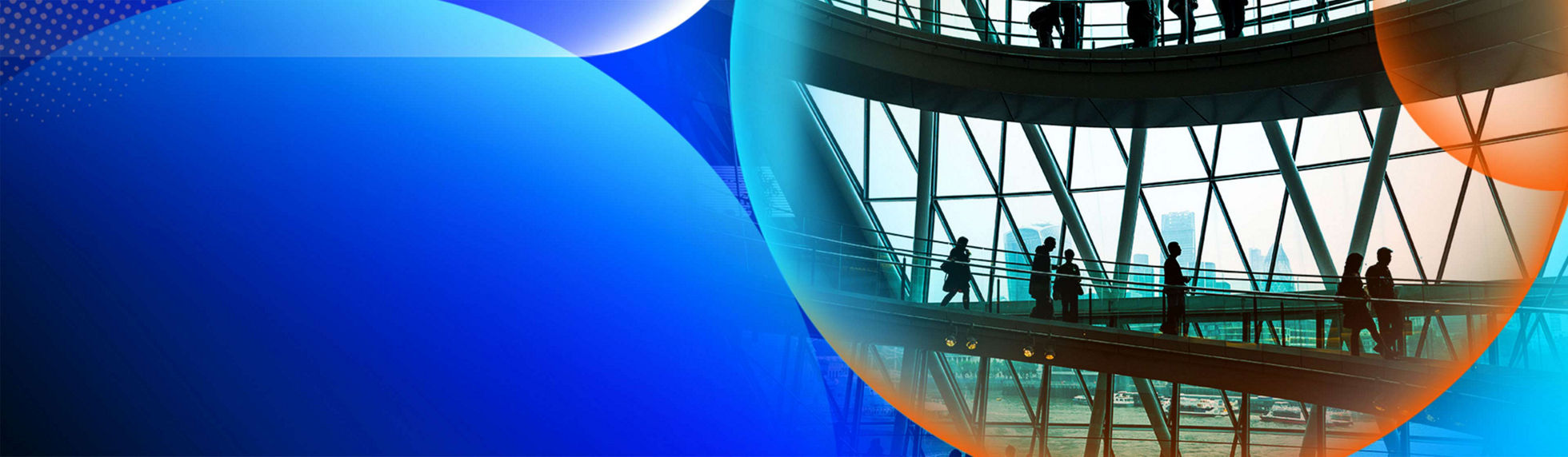 People walking along a level of a building with a large window behind and an orange and blue overlay