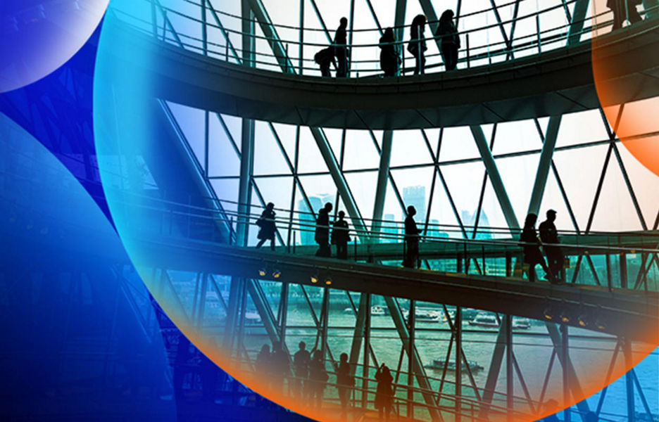 People walking along a level of a building with a large window behind and an orange and blue overlay
