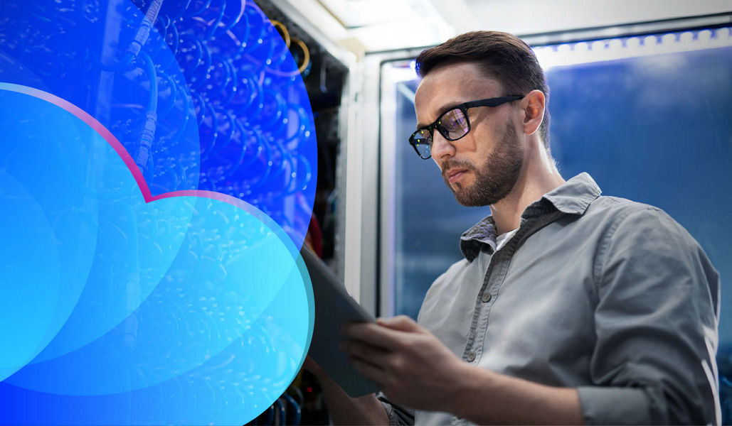 A cloud tech engineer running diagnostics on a cloud server