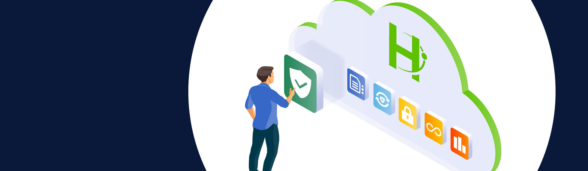 An illustration of a man interacting with Cohesity's suite of products
