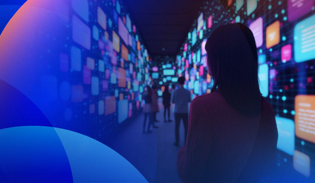 Customers observing colourful information on digital signage in a connected space in a 