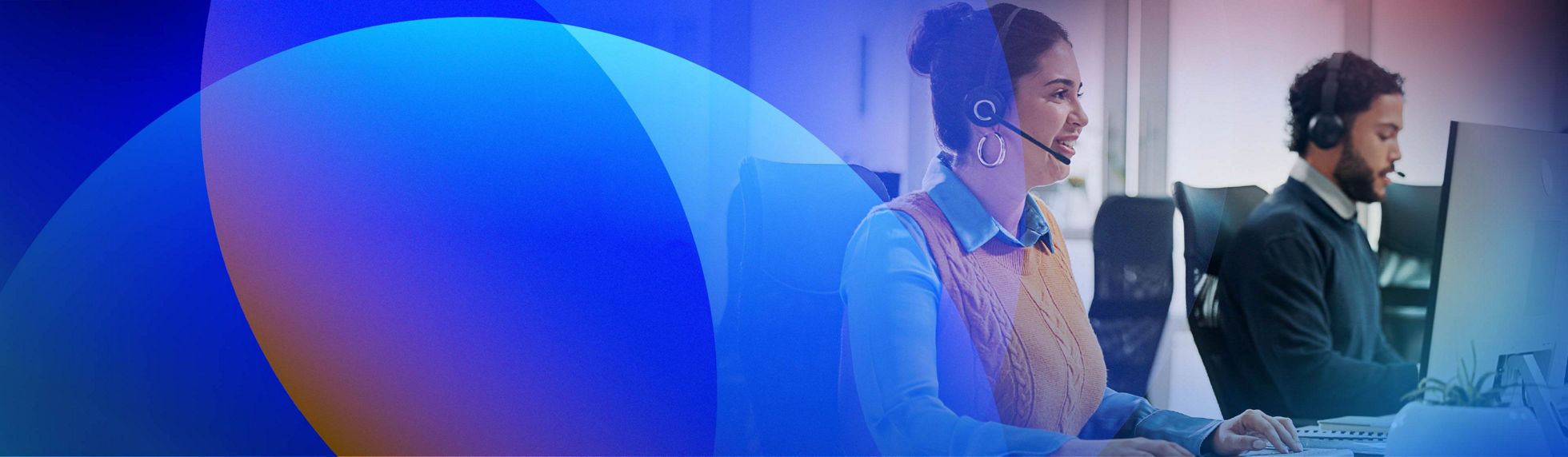 Contact centre services team with headsets providing connected customer experiences