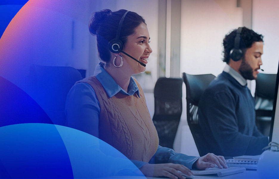 Contact centre services team with headsets providing connected customer experiences