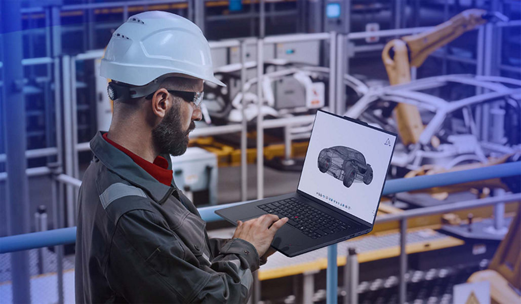 Man wearing hard hat garage looking at laptop with car illustration