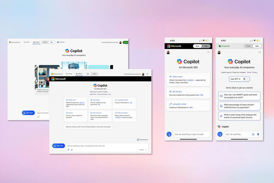 Screenshots of Copilot interfaces on web browser and IOS and Android apps with gradient pink blue and purple background