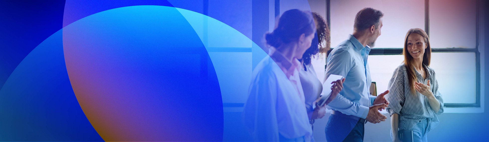 A team walking while talking in a modern office overlaid with abstract blue gradient shapes