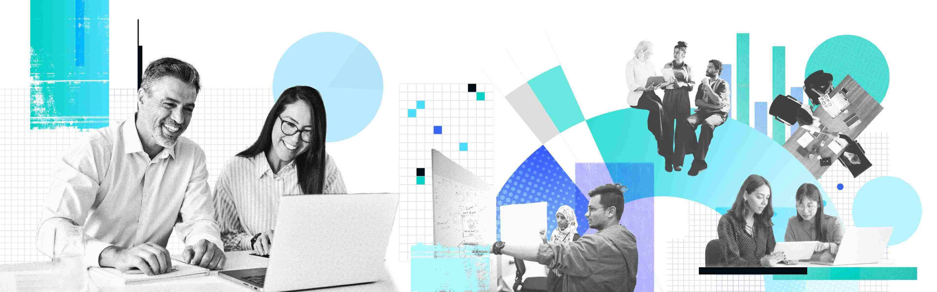A collage of people working together supported by some blue, light blue, turquoise infographic graphics.