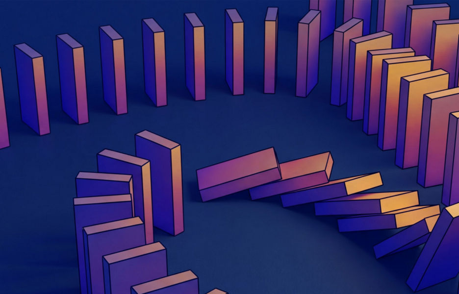 Illustration of dominos stacked some toppled over 