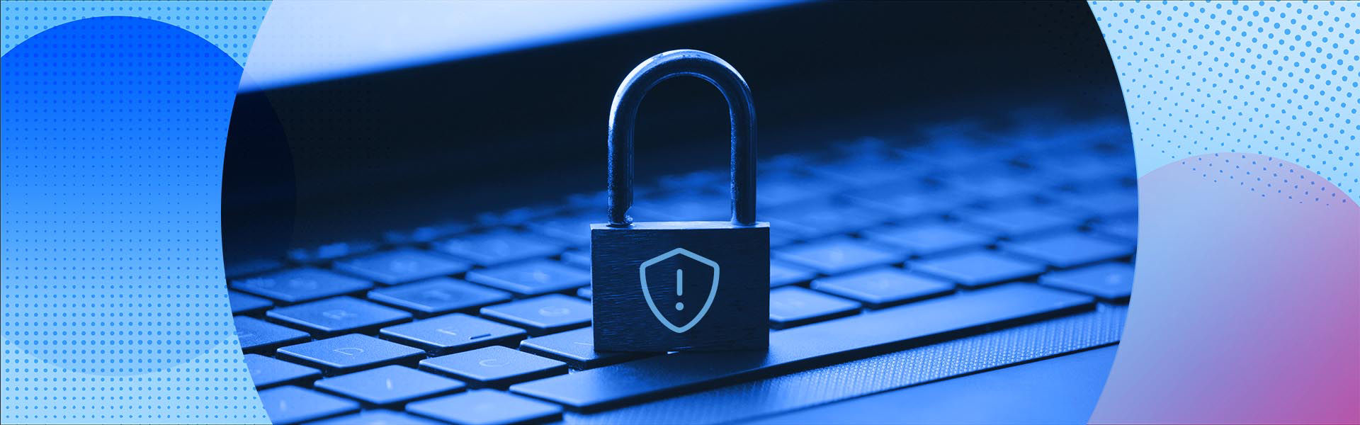 A lock icon and a shield with an alert warning surrounded by Datacom brand circles