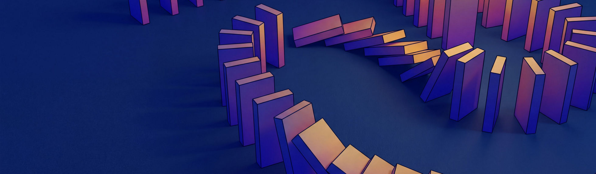 Static illustration of dominos toppled over on top of each other